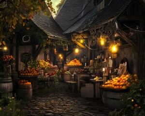 A medieval village farmers' market with vendors selling glowing fruits and love potions. The scene exudes a mysterious, retro fantasy vibe, ideal for book covers, novels, or adventure game ads.