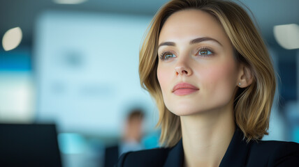 Fototapeta premium confident businesswoman with short blonde hair, wearing professional suit, gazes thoughtfully in modern office setting, exuding focus and determination