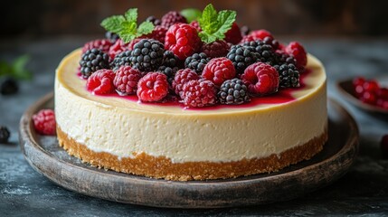 Creamy cheesecake topped with fresh raspberries and blackberries, garnished with mint.