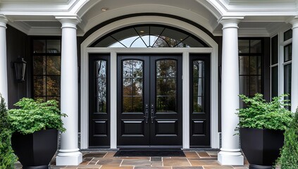 Elegant black double doors with white columns at the entrance to a luxury home.