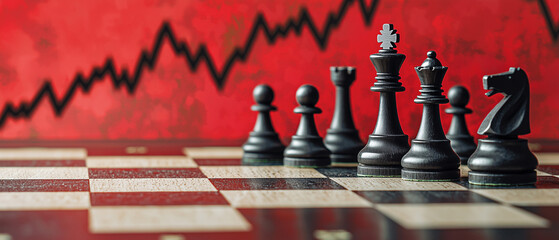 chessboard with black chess pieces in focus, set against red background featuring fluctuating graph line, symbolizing strategy, competition, and decision making