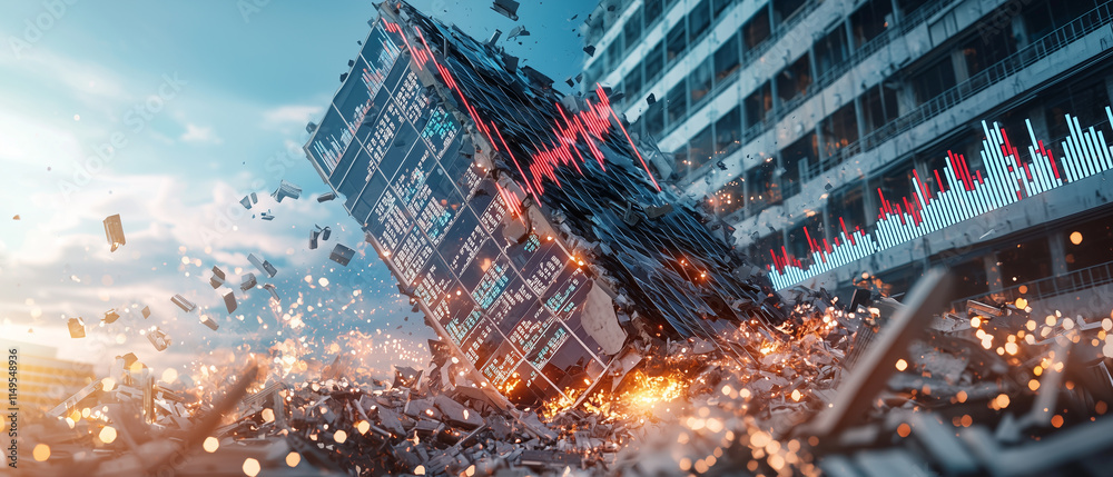 Poster collapsing building with stock graphs and financial data overlay, symbolizing economic crisis, marke