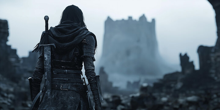 lone female warrior stands in ruined castle courtyard, her sword strapped to her back, gazing at mist shrouded fortress in distance, evoking sense of mystery and resilience