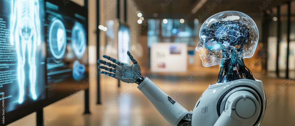 Poster futuristic art gallery featuring robotic humanoid with transparent head displaying digital interface