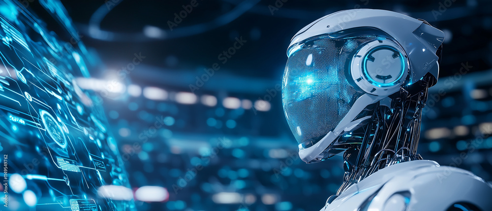 Poster futuristic robot with sleek design stands in high tech sports arena, illuminated by holographic disp