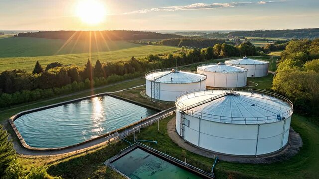 Storage tanks collect purified water illuminated by the suns rays.