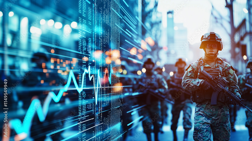 Aufkleber military parade with soldiers marching in urban surroundings is overlaid with digital data and glowi