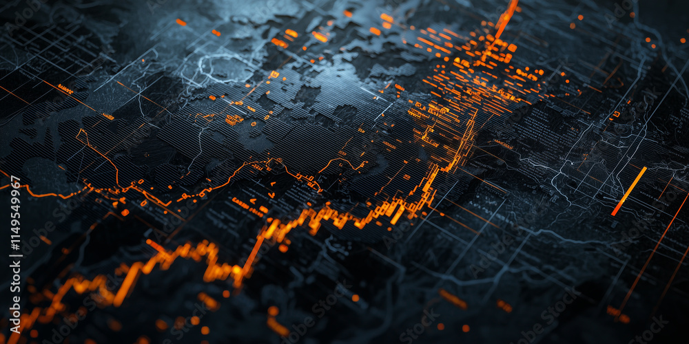 Poster futuristic military strategy map with glowing orange stock graph overlay, symbolizing data analysis,