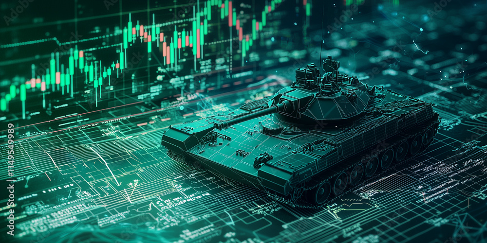 Poster futuristic military strategy map with tank overlayed on stock graphs and data, symbolizing intersect