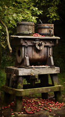 Traditional Wooden Cider Press Among Autumnal Apples in Rustic Outdoor Setting
