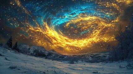 Northern lights create a breathtaking fantasy scene above a frosty terrain.