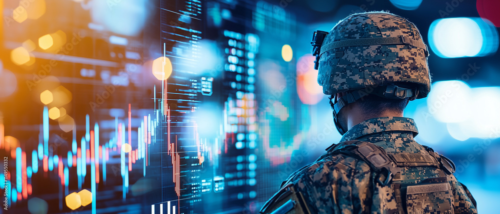 Aufkleber soldier in camouflage uniform stands in front of glowing stock market graph, symbolizing intersectio