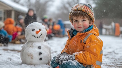 Happy toddler boy sitting in snow next to snowman, winter fun with daycare friends.