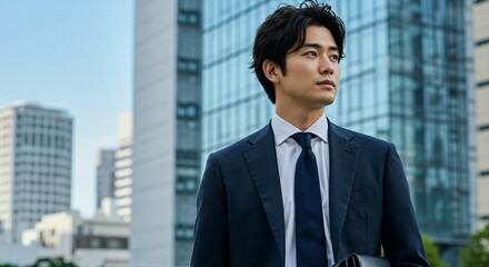 Ambitious Japanese Businessman in Smart Suit Walking through Urban Skyscraper District　高層ビル街を歩くスマートなスーツ姿の野心的な日本人ビジネスマン