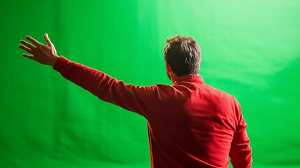 Man in Red Shirt Gesturing Against Green Screen