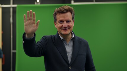 Smiling Man Waving in Front of Green Screen