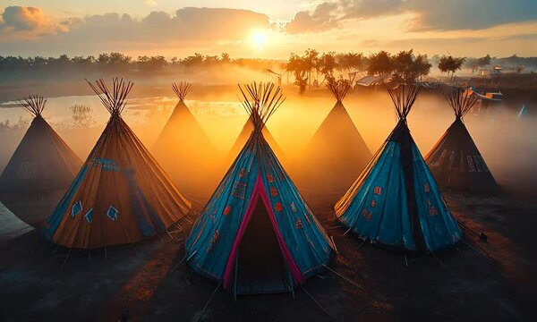 Sunrise over a Camp of Ornate Teepees in a Misty Meadow
