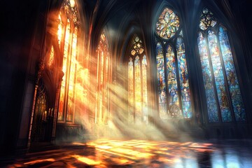 Fototapeta premium Enchanting rays light up a fantastical setting through large windows.