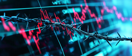 Fototapeta premium stock market graph intertwined with barbed wire, symbolizing financial restrictions, risks, or economic challenges. red and blue tones emphasize tension and uncertainty