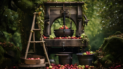 Traditional Wooden Cider Press Among Autumnal Apples in Rustic Outdoor Setting