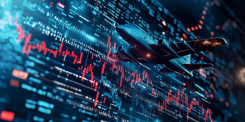 warplane flying over stock market crash graph, symbolizing economic turmoil and financial instability