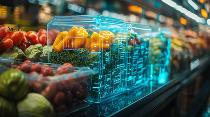 Colorful vegetables displayed in glass containers at a modern grocery store. 