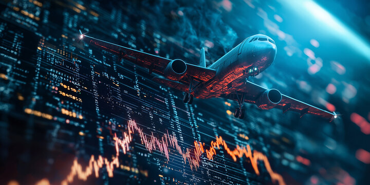 warplane flying over stock market crash graph, symbolizing economic turmoil and financial instability with dramatic lighting and futuristic atmosphere