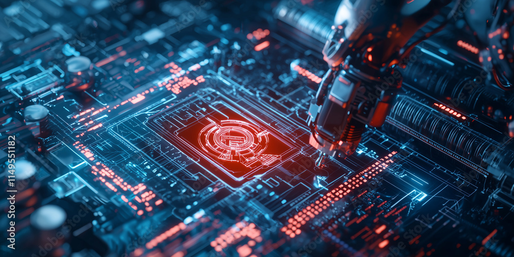 Poster robotic arm interacts with glowing red circuit board in futuristic digital environment, symbolizing advanced technology, artificial intelligence, and automation