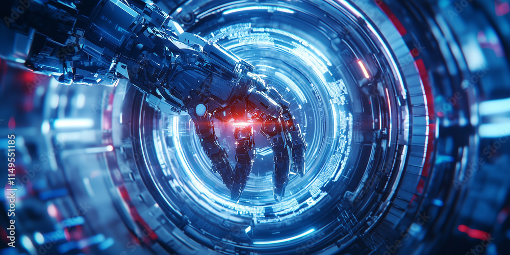 Poster robotic arm extends into glowing, futuristic tunnel, showcasing advanced technology and innovation i