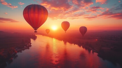 Fototapeta premium Hot air balloons soar over river at sunset.