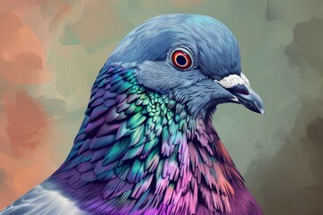 Close up of a pigeon with vibrant, iridescent feathers, showcasing the beauty of nature's color palette