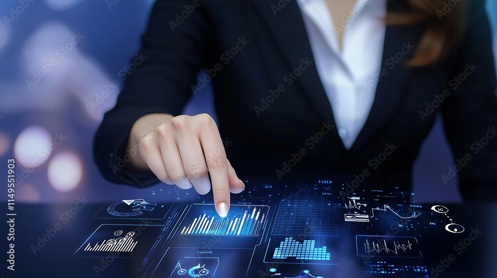 Poster businesswoman interacts with futuristic digital interface displaying data charts, graphs, and analyt