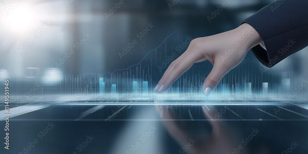 Poster businesswoman hand interacts with futuristic digital interface displaying data charts and graphs, sy