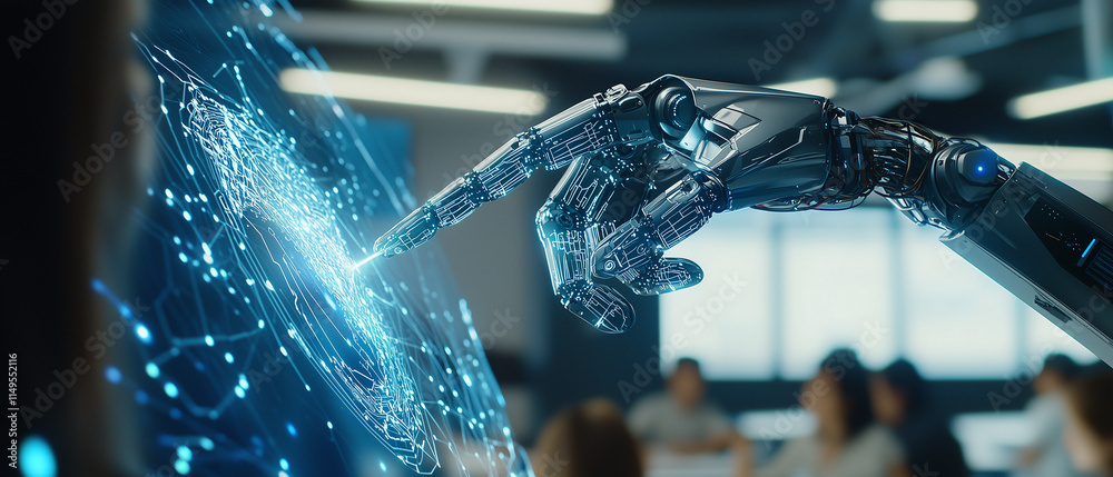 Poster Close up of robotic arm interacting with holographic interface in modern office, showcasing advanced technology and innovation in artificial intelligence and robotics