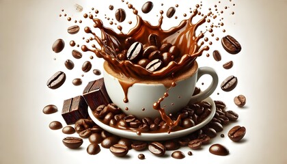 Obraz premium Roasted coffee beans splashing in delicious coffee, cut out