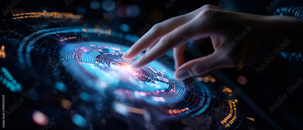 Poster close up of hand interacting with futuristic digital interface, featuring glowing holographic elements and circular patterns, symbolizing advanced technology and innovation