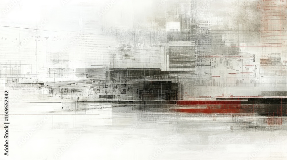 Poster abstract white-on-white technology interface with coding scripts, financial graphs, and a digital gr