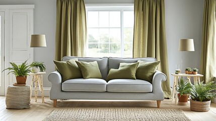 Light grey sofa with olive green cushions in a bright living room.