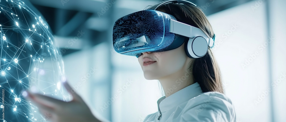Poster woman wearing virtual reality headset interacts with digital holographic interface in futuristic set
