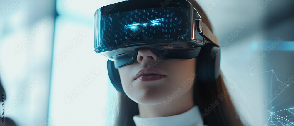 Poster woman wearing futuristic vr headset with ai powered features, immersed in virtual environment, showc