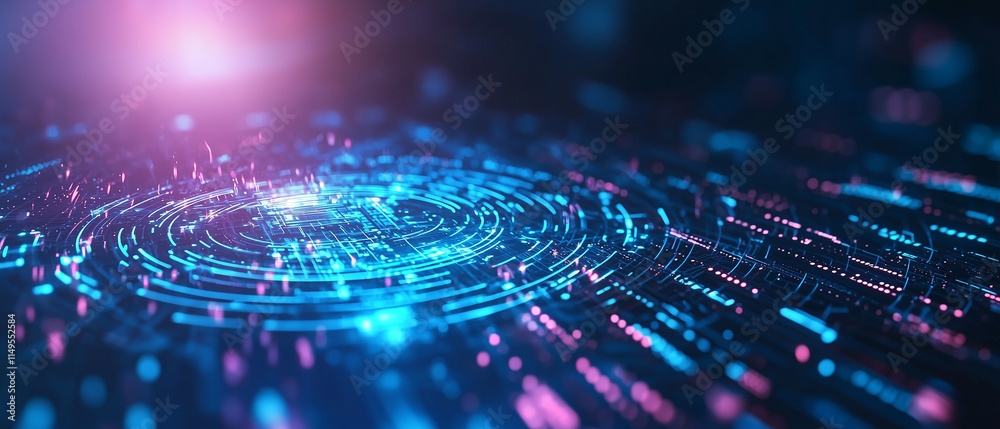 Poster futuristic digital interface with glowing blue and pink circular patterns, representing advanced technology, data visualization, and artificial intelligence in virtual environment