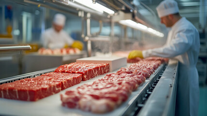 Meat processing in a modern facility with workers preparing cuts. 