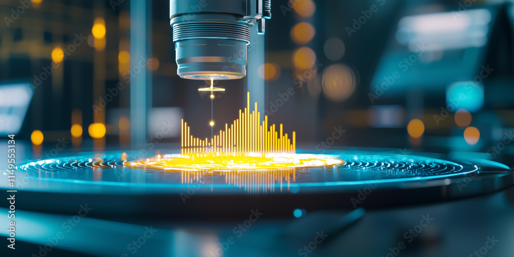 Poster close up of robotic arm creating glowing holographic display with intricate details, showcasing advanced technology and innovation in futuristic laboratory setting