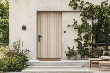 Simple pale wood front door, paired with concrete walls and minimalist outdoor decor for an airy look.