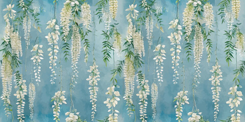 Delicate white floral patterns cascading against a soft blue background create a serene, botanical ambiance.