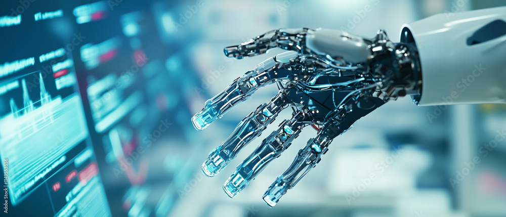 Poster close up of robotic arm with metallic hand interacting with digital interface in laboratory, showcasing advanced technology and innovation in robotics and artificial intelligence