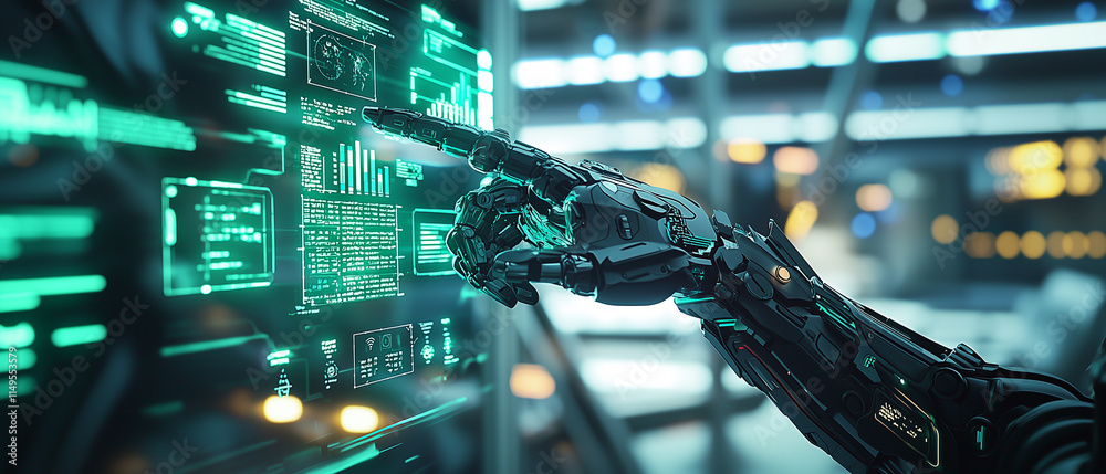 Aufkleber robotic arm interacts with futuristic holographic interface, displaying data charts, graphs, and digital elements in high tech environment
