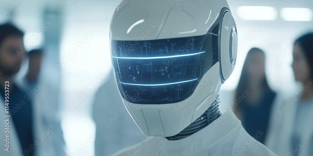 Aufkleber futuristic humanoid robot with sleek, illuminated helmet stands in modern laboratory surrounded by b
