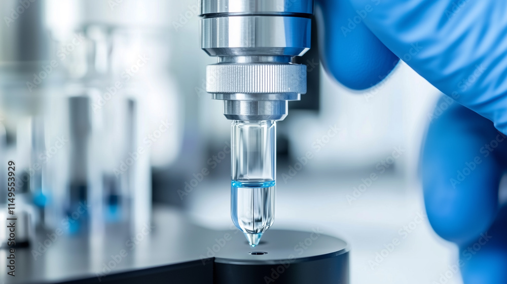 Poster close up of laboratory scientist calibrating precision equipment with focus on liquid filled pipette
