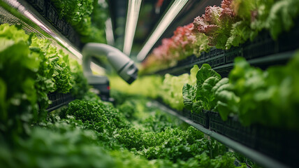 Modern indoor farming system for fresh lettuce cultivation in urban environment. 